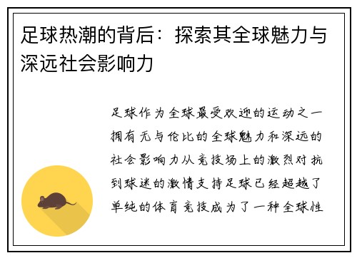 足球热潮的背后：探索其全球魅力与深远社会影响力